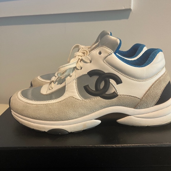 CHANEL White and Blue Sneakers with Cushioned Soles - Picture 1 of 12